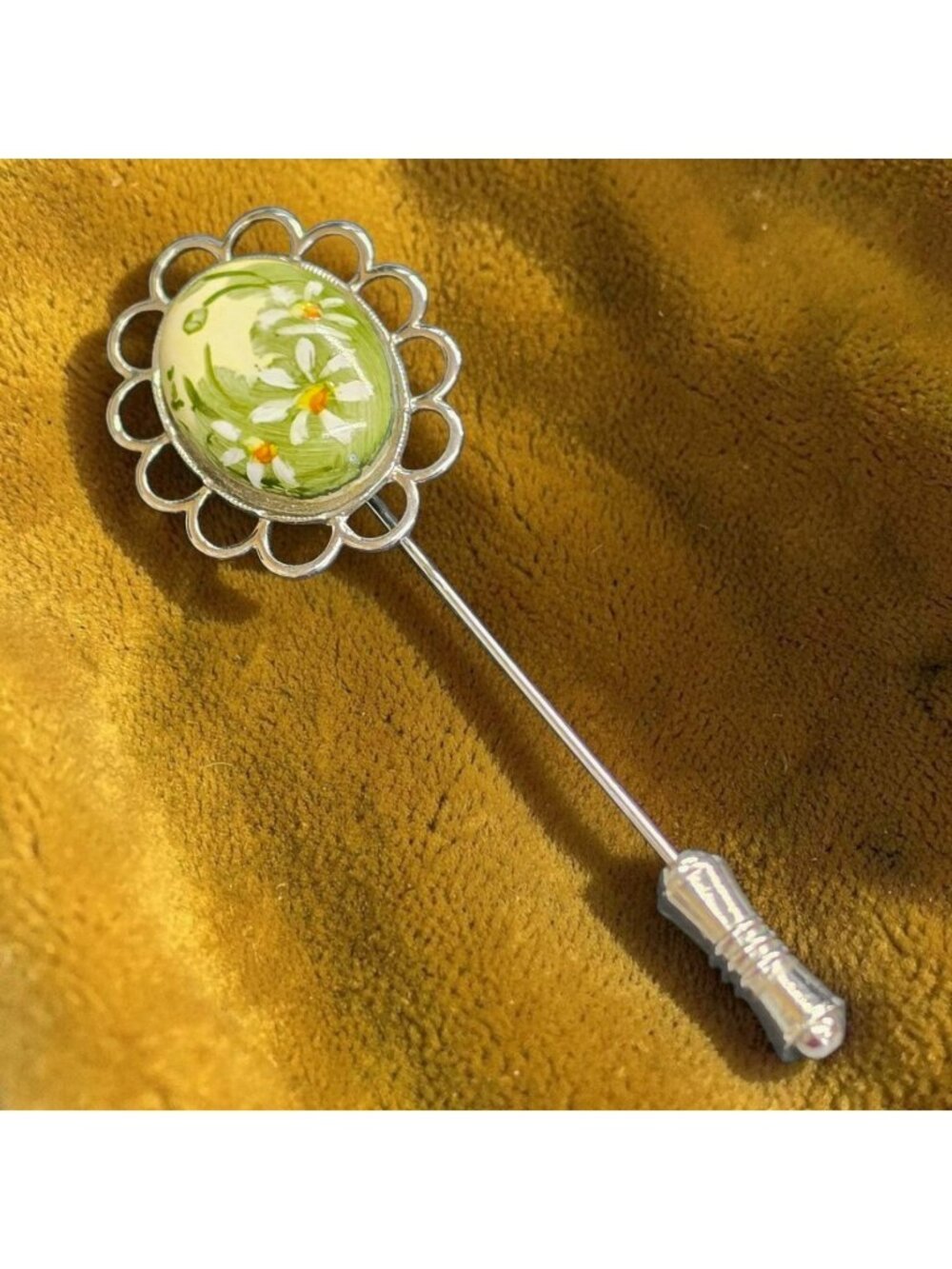 Vintage Milk Glass Hand-Painted Floral Stick Pin Brooch Silver-Tone Frame